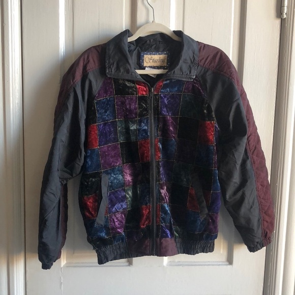 Vintage Jackets & Blazers - Starling Vintage 80s Velvet Nylon Mixed Media Zip Up Bomber Jacket Size Small